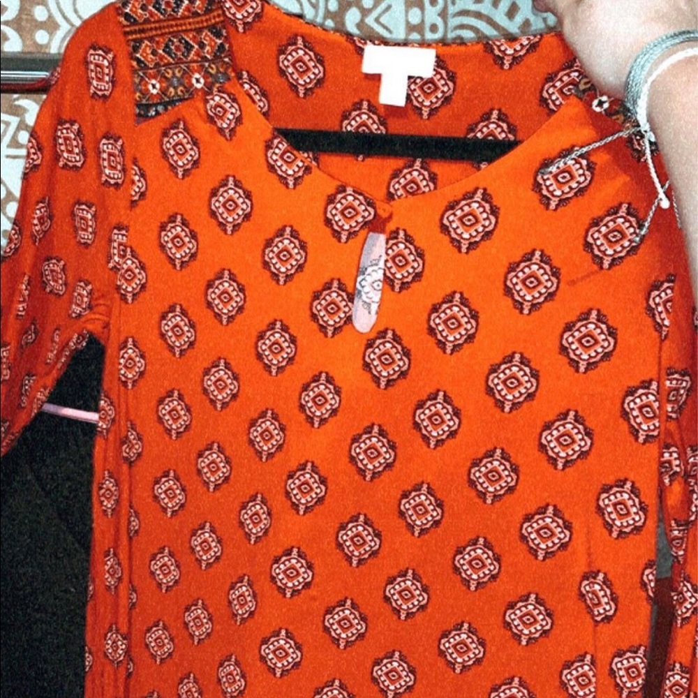 Red patterned dress!